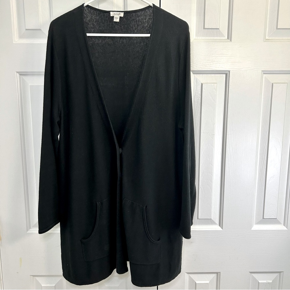 Pure Jill Cashmere & Cotton Long Line Black Long Sleeve Cardigan Sweater Large